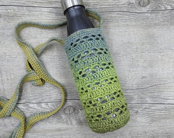 Crochet Water Bottle Holder, Long Strap Lacy Olive Green Handmade Bottle Carrier, Crossbody Sport Bottle Cozy