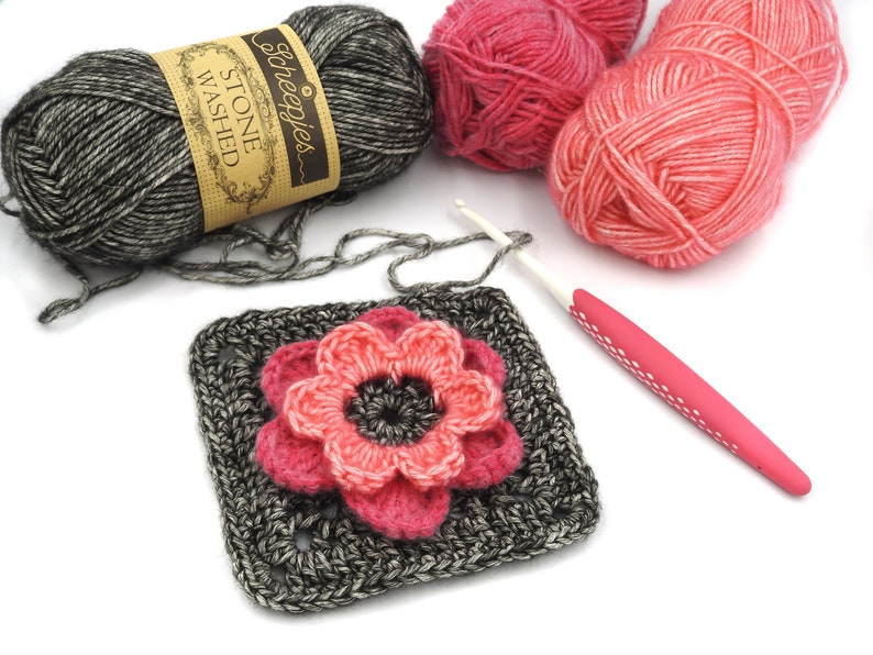 Flower Granny Square Crochet Pattern, Cute Crochet Flower Afghan Blanket Pattern, Floral Granny Square, Scheepjes Stone Washed Pattern image 3