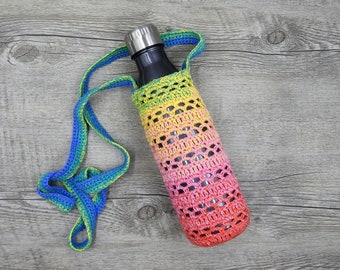 Easy Rainbow Crochet Bottle Holder Pattern, Crochet Crossbody Water Bottle Bag, Beginner PDF Photo Tutorial