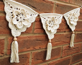 Boho Flower Bunting Crochet Pattern, Crochet Tassel Garland, Flower Bunting Photo Tutorial, Flower Wall Hanging PDF Instant Download