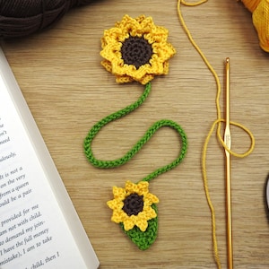 Sunflower Crochet Bookmark Pattern, Golden Sunflower Bookmark, PDF Pattern, Flower Applique, Crochet Motif, Stem and Leaf Floral Bookmark