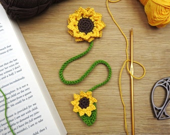 Sunflower Crochet Bookmark Pattern, Golden Sunflower Bookmark, PDF Pattern, Flower Applique, Crochet Motif, Stem and Leaf Floral Bookmark