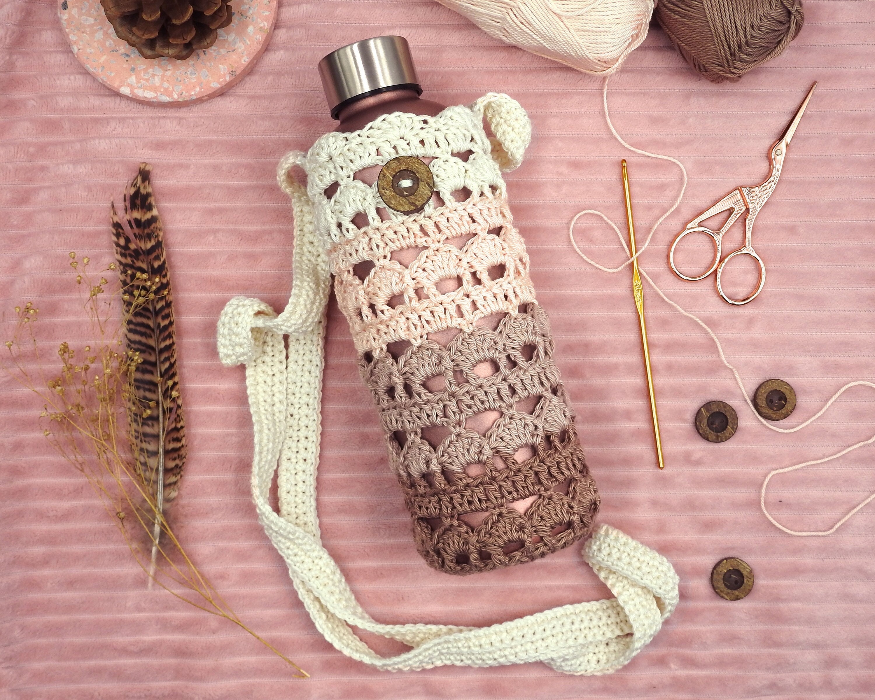 Boho Lacy Bottle Holder Crochet Pattern Crossbody Blush Water 