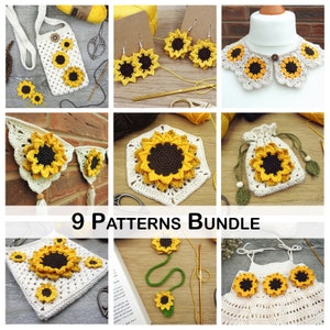 May include: A bundle of 9 crochet patterns featuring sunflower designs. The patterns include a phone case, earrings, a collar, a bunting, a granny square, a drawstring bag, a bookmark, and a dress.