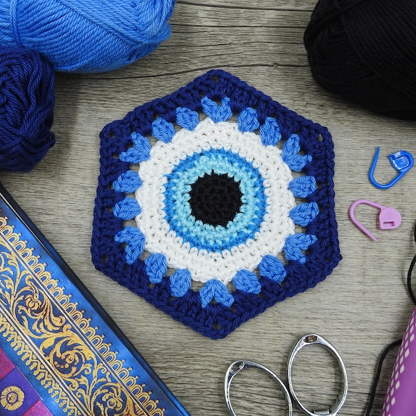 Evil Eye Hexagon Crochet Pattern, Hexagonal Granny Square Patterns, Eye Blanket Motif Photo Tutorial