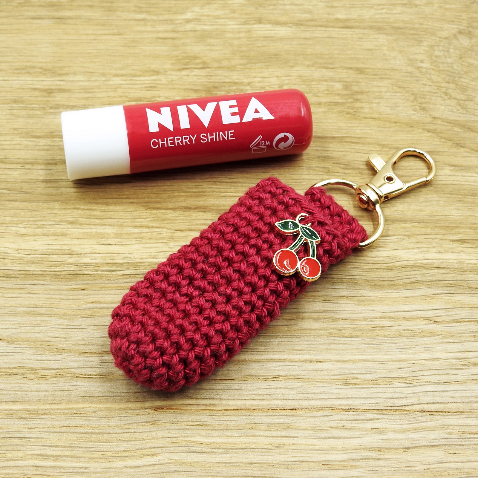 Crochet Lip Balm Keyring Holder with a Cherry Charm, Nivea Cherry Lip Balm  Handmade Cosy Keychain