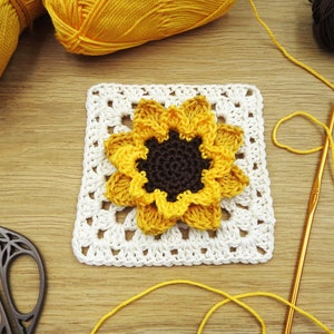 Boho Sunflower Granny Square Crochet Pattern, NO-SEW Double-Layered Flower Afghan Square, Scheepjes Catona Photo Tutorial image 3