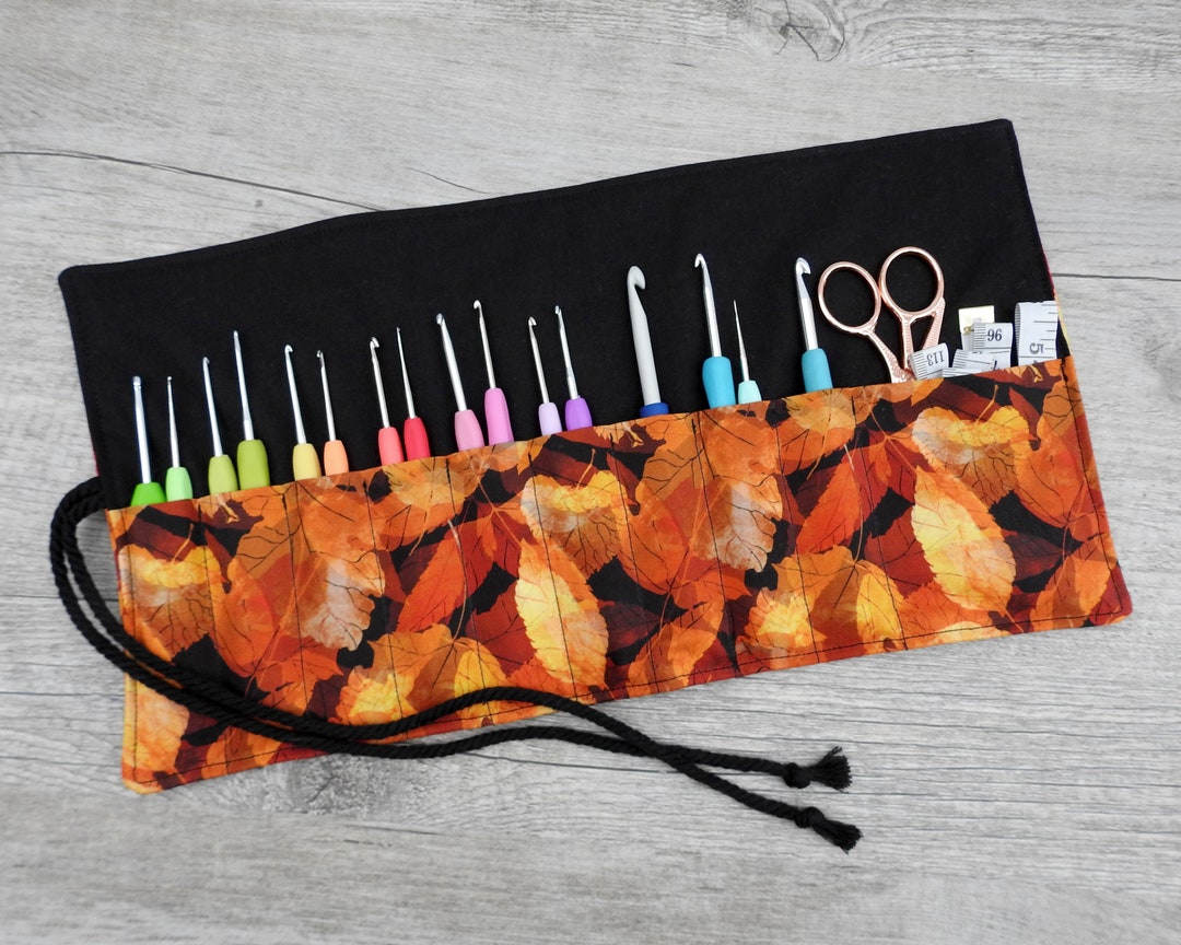 Crochet Hook Roll, Autumnal Leaves Fabric, Handmade, 10 Pockets Crochet ...