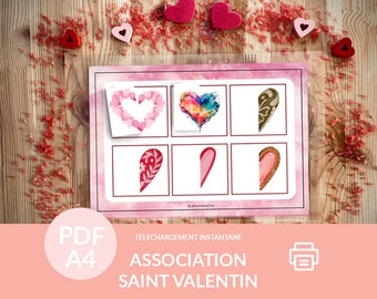 Valentine's Day activity, association of Montessori-inspired heart images, PDF to print at home