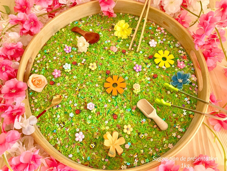 Filling kit for rice sensory bin, spring theme, flowers, ladybugs, bees, clips image 7