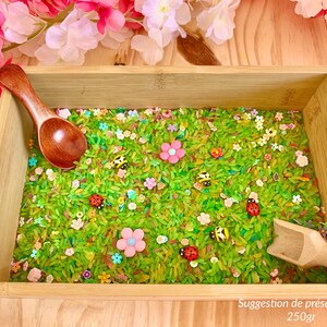 Filling kit for rice sensory bin, spring theme, flowers, ladybugs, bees, clips image 5