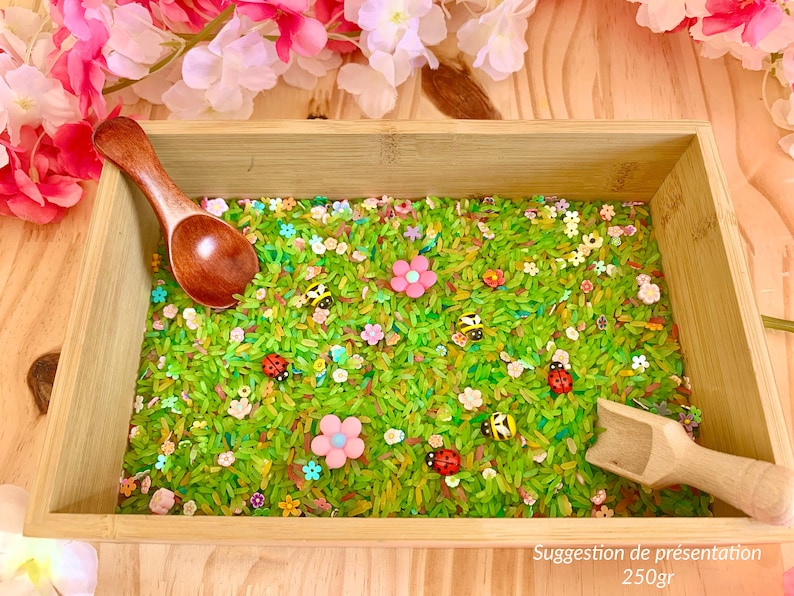 Filling kit for rice sensory bin, spring theme, flowers, ladybugs, bees, clips image 5