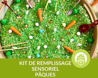 Kit de remplissage pour bac sensoriel de riz, thème pâques, lapins, pompons, pinces, cuillères