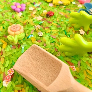 Filling kit for rice sensory bin, spring theme, flowers, ladybugs, bees, clips image 3