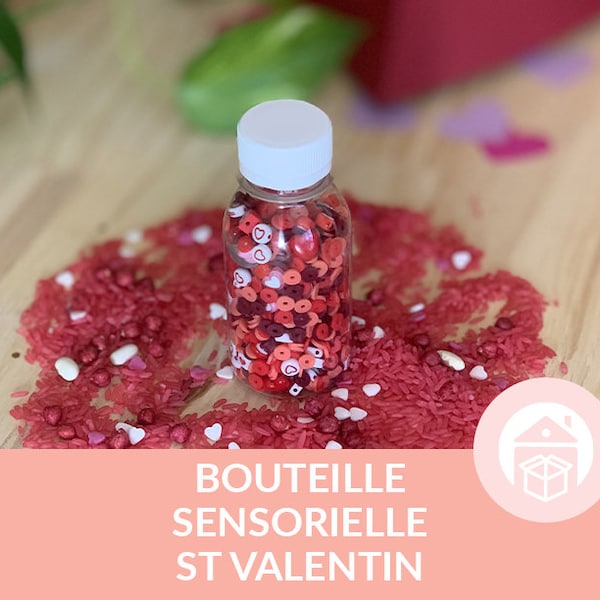 Bouteille sensorielle spéciale saint Valentin, retour au calme, Montessori, coeurs, amour,petit format