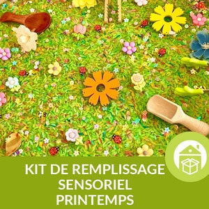 Filling kit for rice sensory bin, spring theme, flowers, ladybugs, bees, clips image 1