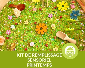 Kit de remplissage pour bac sensoriel de riz, thème printemps, fleurs, coccinelles, abeilles, pinces