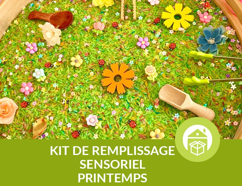 Filling kit for rice sensory bin, spring theme, flowers, ladybugs, bees, clips image 1