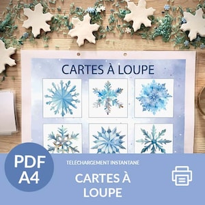 Cartes à loupe Montessori flocon de neige, pdf à imprimer, Activité de mise en paire, Jeu avec une loupe, maternelle ou pré-maternelle