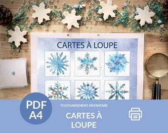 Montessori snowflake magnifying glass cards, pdf to print, Pairing activity, Game with a magnifying glass, kindergarten or pre-kindergarten
