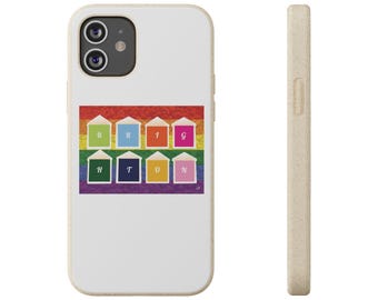 Étuis de portables, coque écologique Brighton Beach Huts Design, thème plage, cadeaux design Brighton, iPhone Samsung, biodégradable, art vibrant