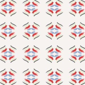 May include: A repeating pattern of abstract shapes in shades of red, blue, green, and black on a white background.