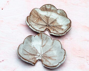 Set of two - Ceramic Leaf dish - handmade ring dish - Geranium Leaf plate - jewelry dish - Ceramic wedding favors