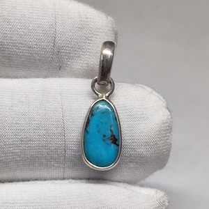 Turquoise Pendant , Classic Natural Tibetan Turquoise Gemstone Ethnic 925 Sterling Silver Pendant 0.7&quot;