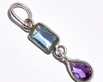 Aquamarine Amethyst Gemstone Ehtnic Style 925 Sterling Silver Pendant 1"