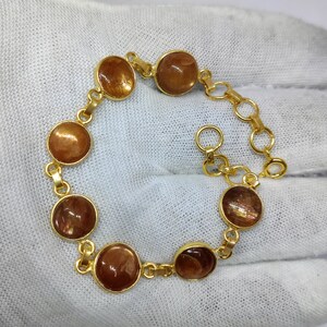 Sunstone Bracelet , Natural Sunstone Gemstone Gold Plated 925 Sterling Silver Bracelet 7 Inch