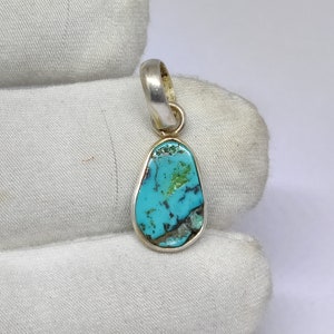 Turquoise Pendant , Classic Natural Tibetan Turquoise Gemstone Ethnic 925 Sterling Silver Pendant 0.7&quot;