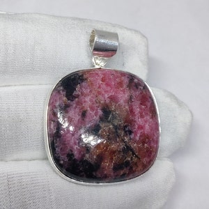 Rhodonite Pendant , Natural Rhodonite Gemstone Ethnic Style 925 Sterling Silver Pendant 1.6&quot;
