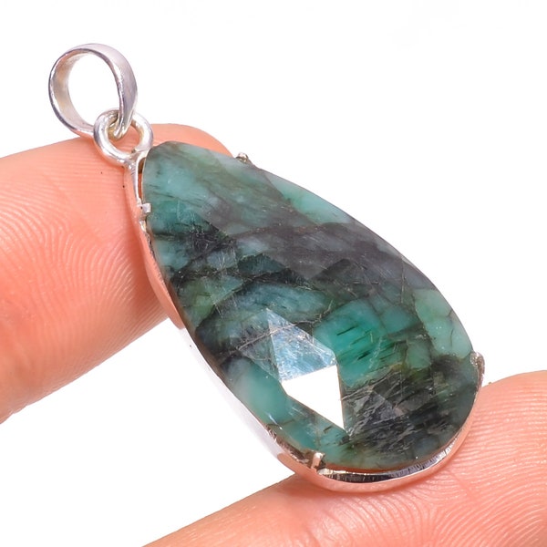 Natural Emerald Pear Gemstone Ethnic Style Handmade Jewelry 925 Sterling Silver Pendant 1.6"