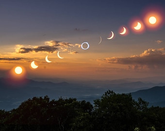 Georgia Landscape Photography Art Print - 2017 Great American Solar Eclipse Phases over Brasstown Bald- Multiple Sizes - Photo or Poster