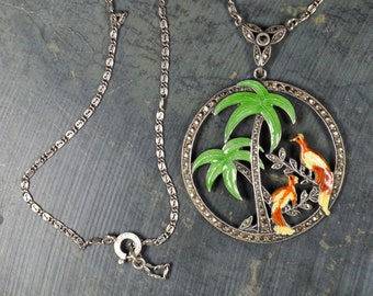 1940s Uncas Sterling Silver Marcasite Birds & Palm Tree Enamel Pendant Necklace
