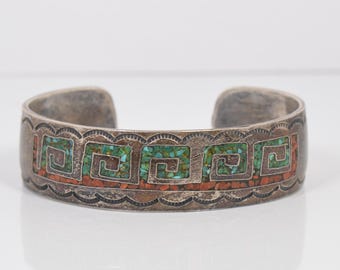 Vintage Silver Bangle 1970s • Thunderbird Chip Inlay Coral
