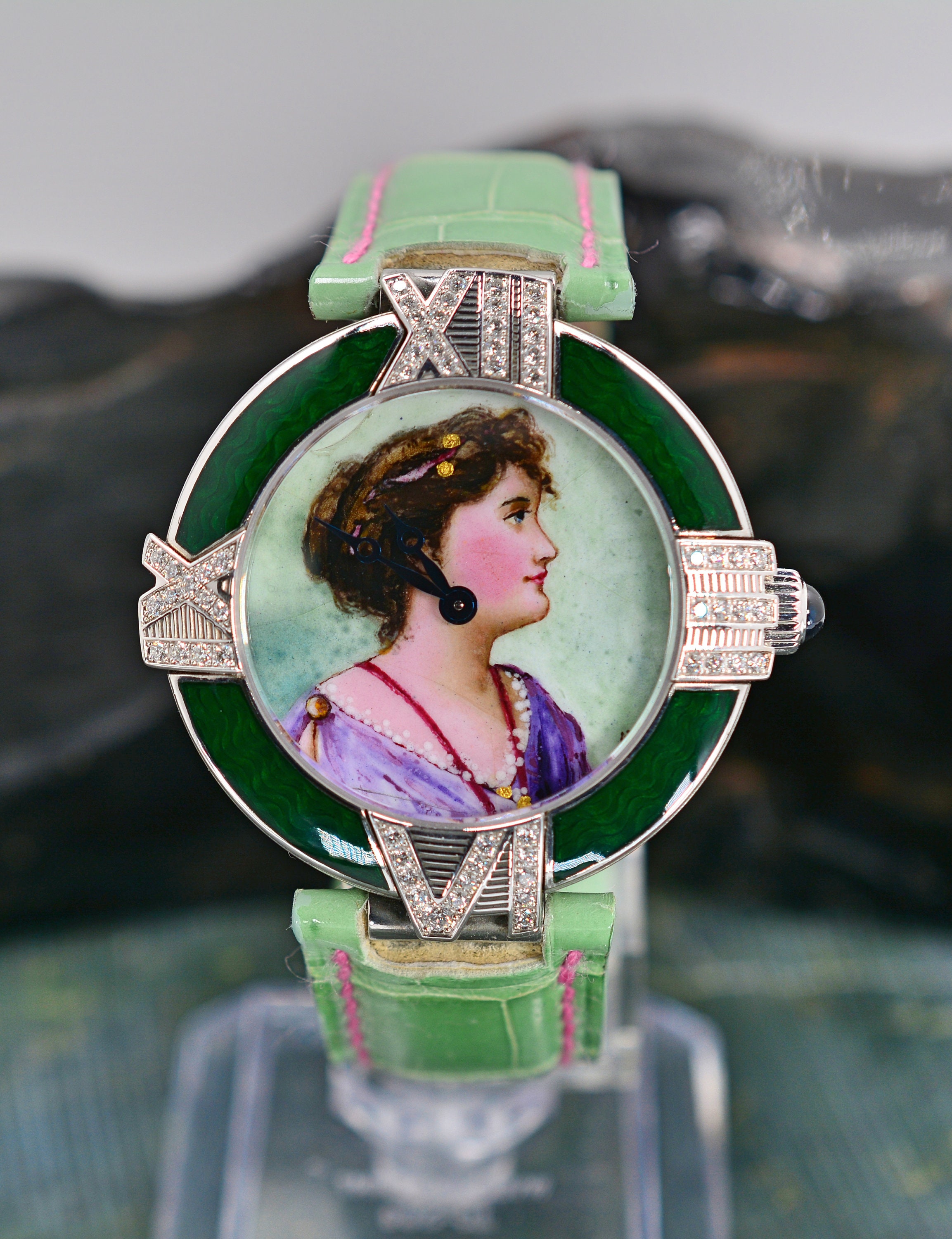 Selten ! Corum Einzelstück 750 Weißgold & Diamant ref. 055.353.69 Handaufzug LE-Uhr Handbemaltes Portriat-Zifferblatt des Künstlers Andrè Martinez