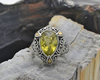 Robert Manse Bali Lemon Quartz Ring: 18k Gold & Sterling Silver, Size 8-1/4