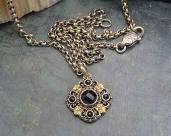 Vintage Konstantino Rose-Cut Onyx in Sterling SIlver & 18k Yellow Gold Filigree Pendant with 20" Chain
