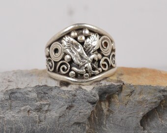 Sterling Silver Eagle Ring | Ornate Swirl Design | Vintage Artisan Men’s Band