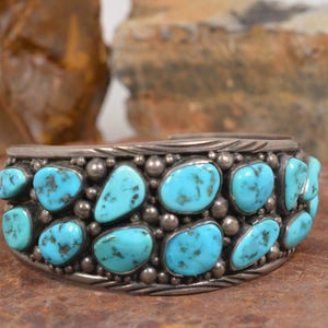 Vintage Navajo Sterling Silver Turquoise Cluster Cuff Bracelet