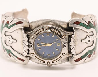 Southwestern Peyote Bird Cuff Watch Turquoise Coral Inlay Sterling Style Claremont