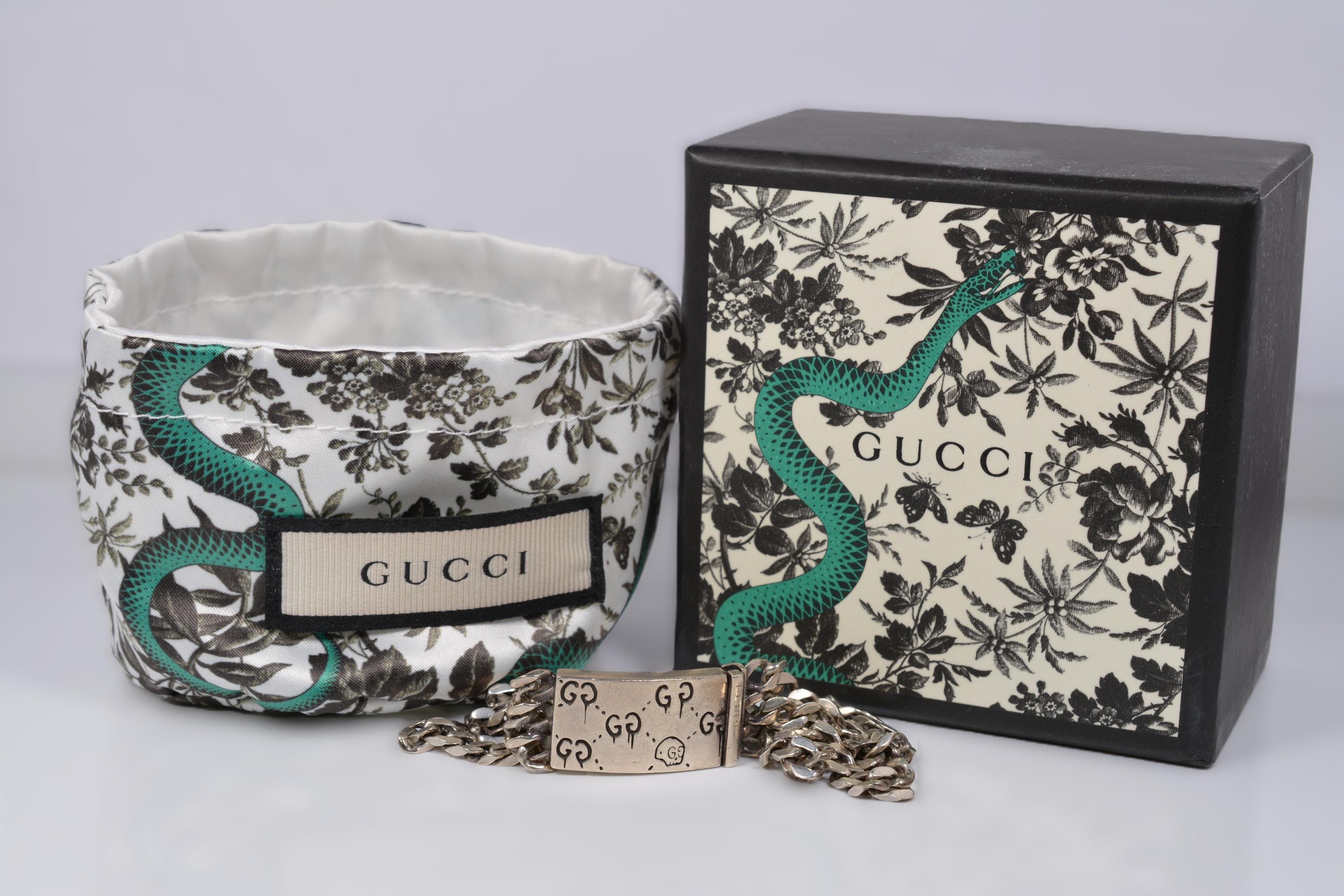 Gucci Silver Link Bracelet with Snake Print Box and Pouch Authentic GUCCI Crystals Snake Bracelet S White Green  main image 3