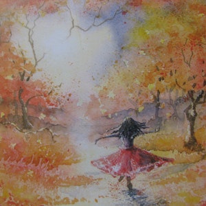 Puede incluir: Pintura a la acuarela de una persona con un vestido rojo girando en un bosque. Los árboles tienen hojas naranjas y rojas, lo que sugiere el otoño. El fondo es una suave mezcla de colores, con una luz brillante en el centro.