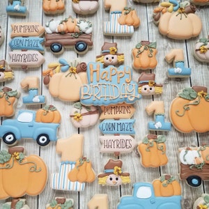 May include: A set of fall-themed sugar cookies decorated with pumpkins, scarecrows, trucks, and the words "Happy Birthday", "Pumpkins", "Corn Maze", and "Hayrides".