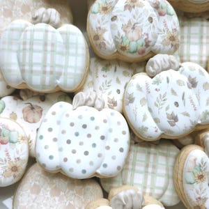 May include: An assortment of pumpkin-shaped cookies with various decorative patterns. Some cookies feature floral designs, plaid patterns, and polka dots in soft pastel colors. The cookies have a light brown base and a white frosting.