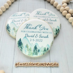 Evergreen and Mountian Wedding Cookies  Custom Printed Cookie Favor