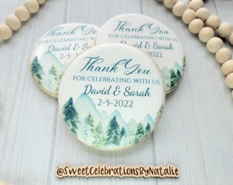 Evergreen and Mountian Wedding Cookies  Custom Printed Cookie Favor