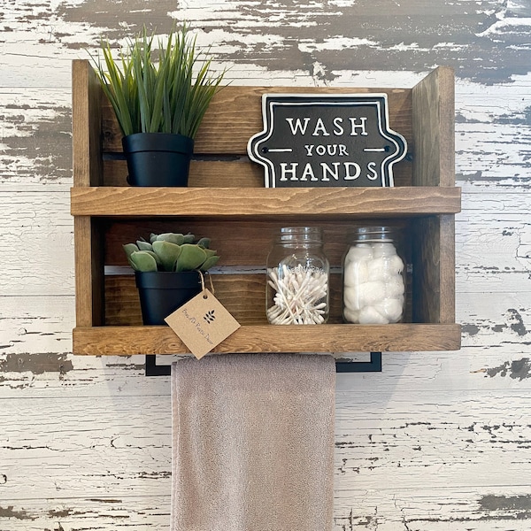 Easy Install-Hardware included - Rustic farmhouse  bathroom shelf towel rack - modern farmhouse - wood towel rack - bathroom storage