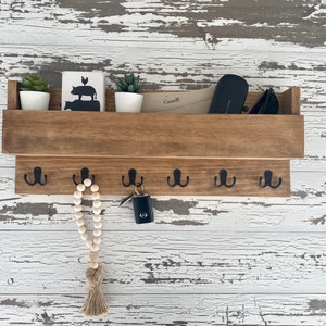 Easy Install-Hardware included - Rustic farmhouse  Key  Hook Rack with Mail Holder Shelf, Wood Hook Rack, Rustic key Rack, wall mail holder
